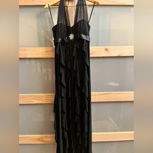 Betsy & Adam Black Chiffon Halter Evening Gown with Rhinestone Brooch Size 6